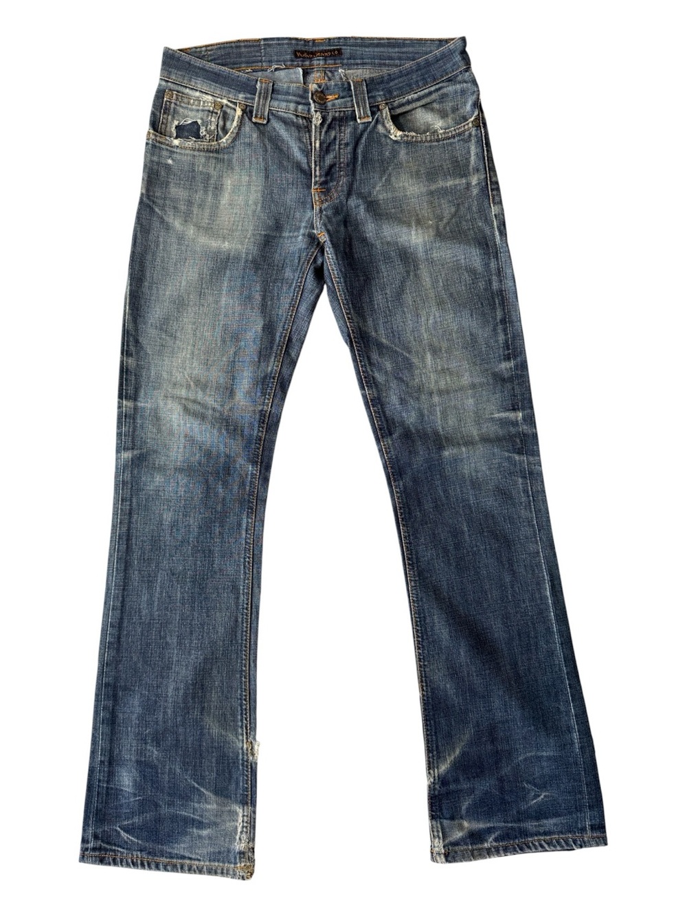 Nudie Jeans mens 30x32 bootcut distressed patched denim blue button fly